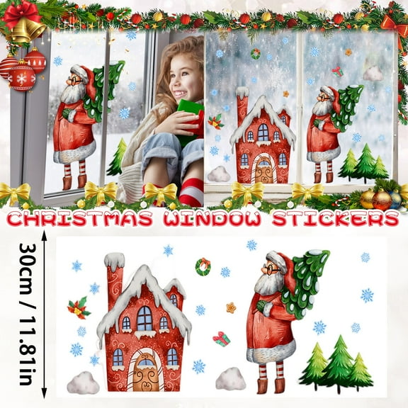 Christmas Themed Window Sticker with Claus Small House and Tree - Double-Sided Electrostatic Decal for Holiday Home Decor-Red