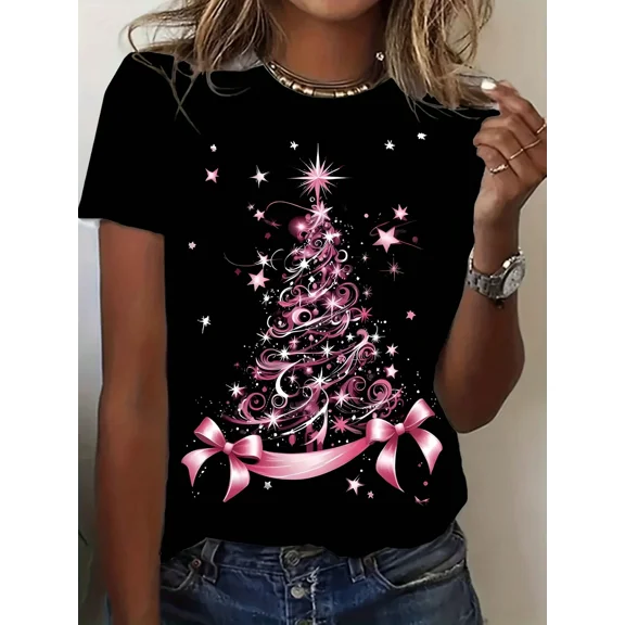 Christmas-Themed Women'S Casual Short-Sleeve T-Shirt With Bow, Christmas Tree, And Star Prints For Spring, Summer, And Autumn