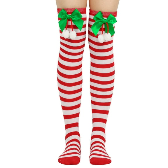 Christmas Thigh High Socks Striped over Knee Stockings Stripes with Bow Socks for Women and Girls Christmas Costume Party
