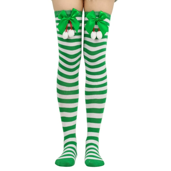 Christmas Thigh High Socks Striped over Knee Stockings Stripes with Bow Socks for Women and Girls Christmas Costume Party