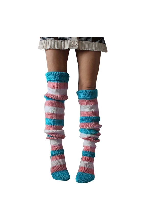 Christmas Thigh High Socks for Women Warm Striped Stockings Cable Crochet Knit Socks Over the Knee Leg Warmers 1 PC Blue One Size