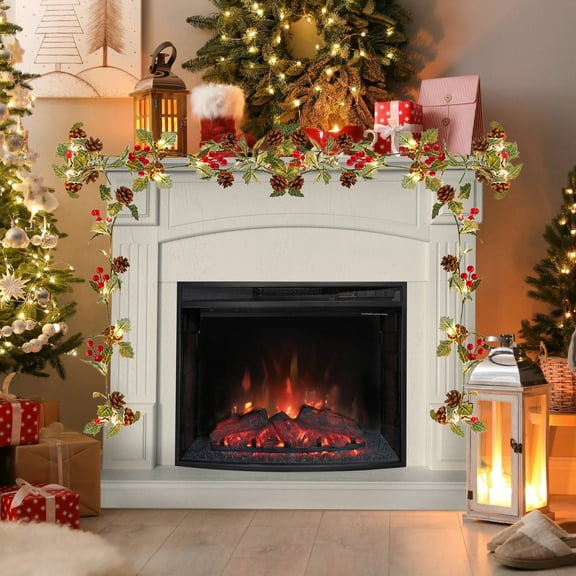 Christmas Thin Garland with Lights, Battery Operated String Lights, Christmas Decoration Lights, Christmas Tree Rattan, for Indoor Mantle Fireplace Table Outdoor Stairs Railing Decorations