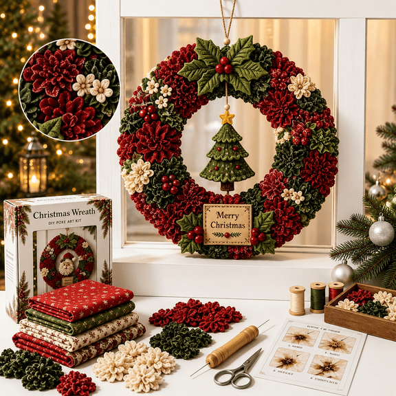 Christmas Punch Needle Wreath Art Kit, 3D Fabric DIY Craft Set with Complete Accessories for Front Door Wall Window Fireplace Holiday Decor