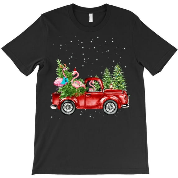 Christmas Three Flamingos Riding A Red Truck Funny Xmas St. Nick Hat Graphic H26577 Unisex T-Shirt, Up to 5XL Available