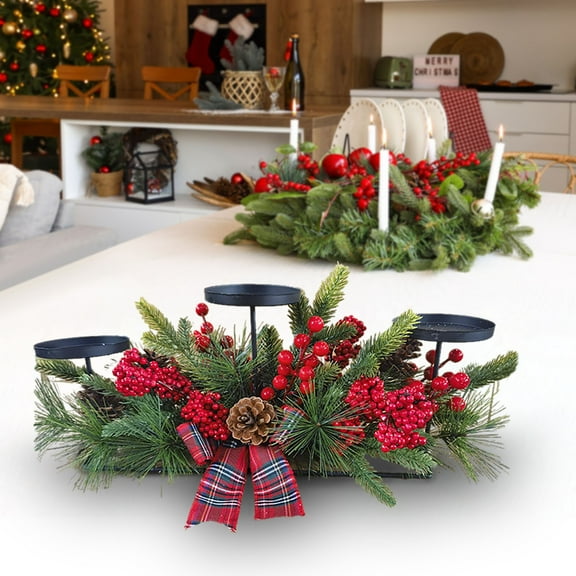 Christmas Three-Legged Candlestick with Rattan Garland | Handwoven Rattan Wreath Ornament | Desktop Holiday Centerpiece | Festive Table Decor for Christmas Parties & Family Gatherings