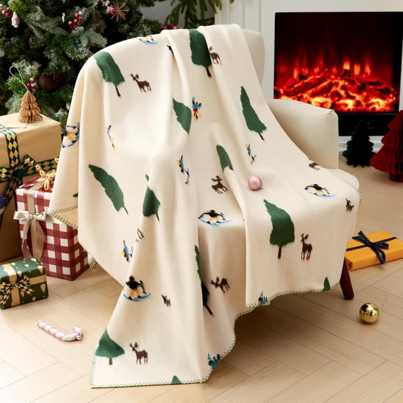 Christmas Throw Blanket, 47x60 Inch Soft Jacquard Knitted with Locking Edge, Beige White Holiday Pattern Blanket for Couch Living Room Bedroom