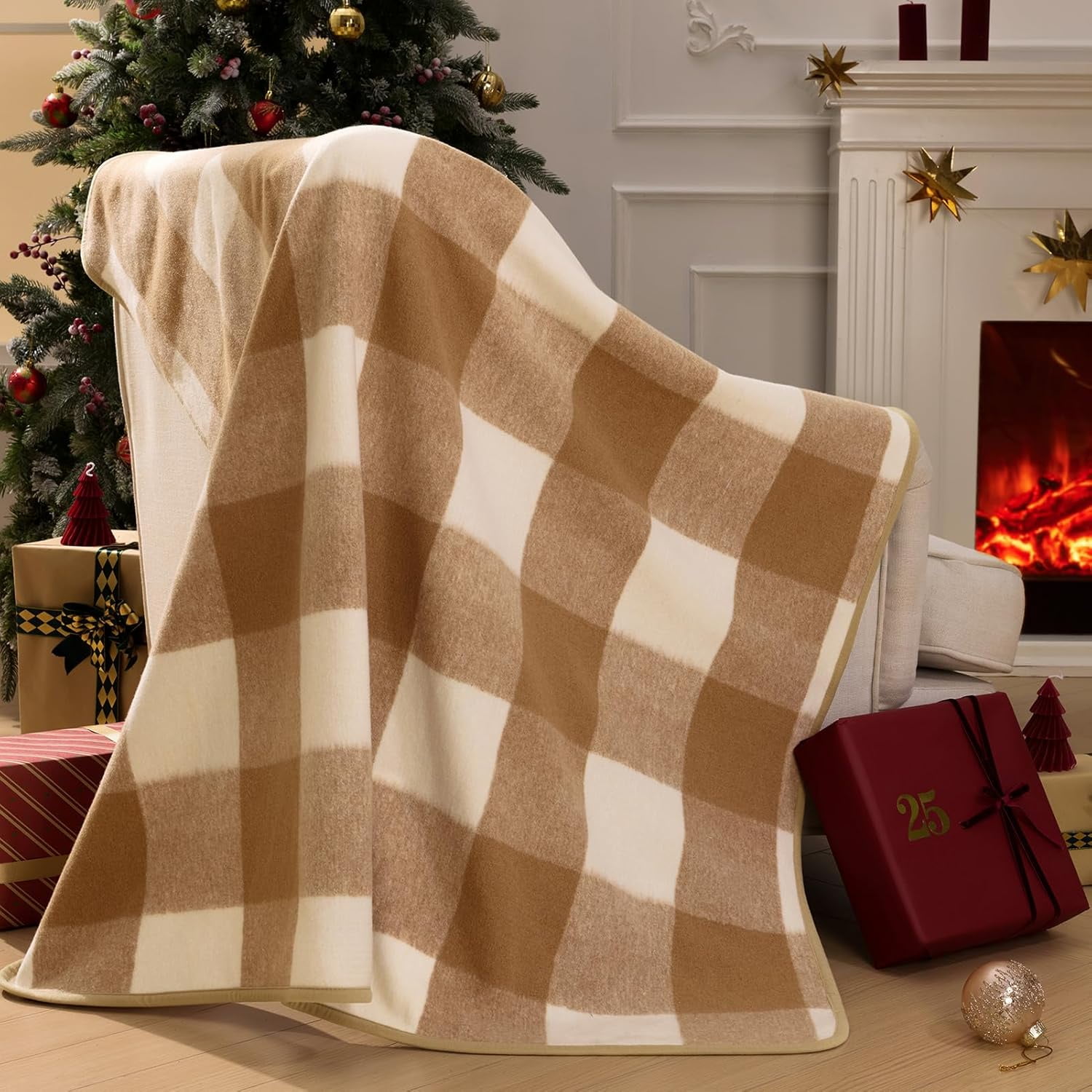 Christmas Throw Blanket, 50x60 Inch Faux Wool Buffalo Check Plaid with Locking Edge, Beige Holiday Blanket for Couch and Decor
