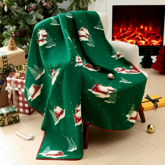 Christmas Throw Blanket, 50x60 Inch Soft Jacquard Knitted with Locking Edge, Green Holiday Pattern Blanket for Couch Living Room Bedroom