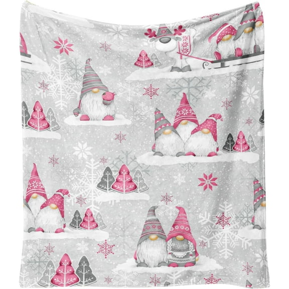 Christmas Throw Blanket 60"x50",Winter Gray Pink Gnome Xmas Holiday Festival Blanket for Women Men,Soft Cute GIFS Flannel Fleece Throw for Home Living Room Bed Chair Couch Decor