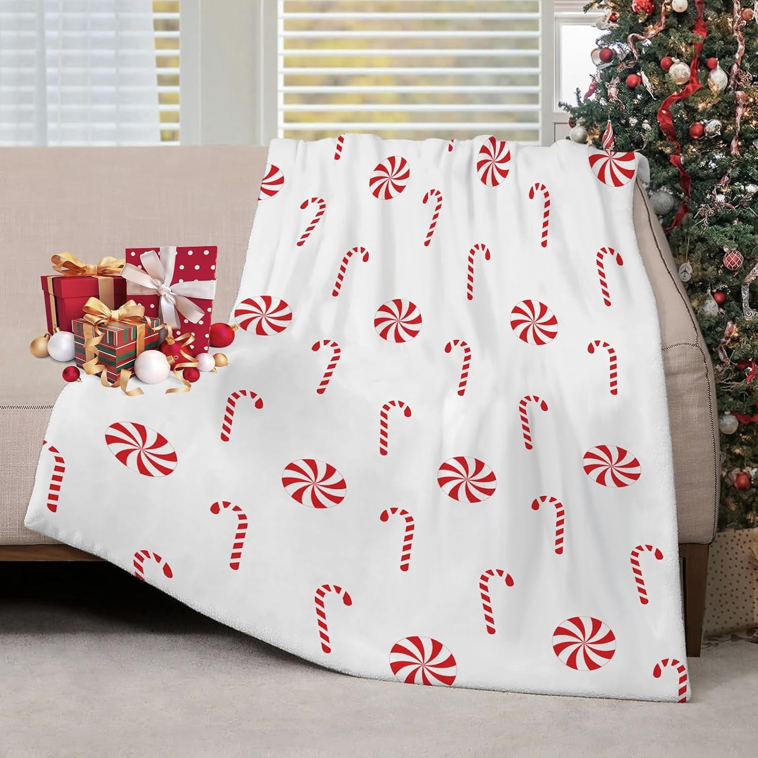 Christmas Throw Blanket Candy Cane Throw Blanket Super Soft Warm Bed Blanket Christmas Holiday Decor for Living Room Bedroom Sofa Christmas Gift for Her