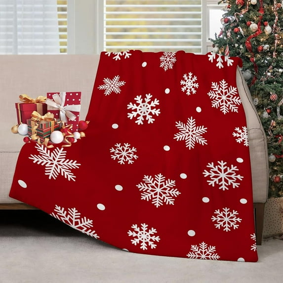 Christmas Throw Blanket Christmas Red White Snowflake Fuzzy Flannel Holiday Blanket for Living Room Bedroom Couch Sofa Bed Home Decor 60x80 Inch