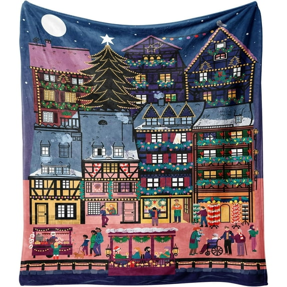 Christmas Throw Blanket for Couch 60x50,Blue Holiday Festival Cute Xmas Winter Happy Night Blankets for Woman,Soft Flannel Fleece Blankets for Home Living Room Bed Chair Decor