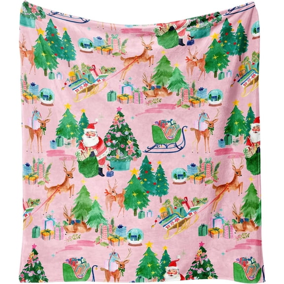 Christmas Throw Blanket for Couch 60x50,Winter Holiday Festival Cute Pink Santa Reindeer Xmas Trees Winter Blankets for Woman,Soft Flannel Fleece Blankets for Home Living Room Bed Chair Decor