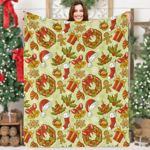 Christmas Throw Blanket for Couch, Cozy Lime Green Wreath Gingerbread Man Xmas Bell Fleece Plush Blanket, Soft Fluffy Christmas Theme Plush Flannel Blanket for Home Sofa Winter Decor