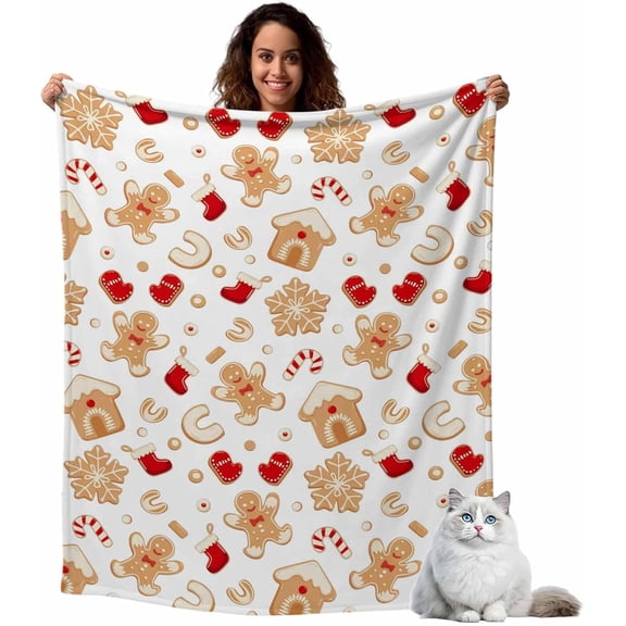 Christmas Throw Blanket for Couch Gingerbread Man Fleece Blanket for Winter Snowflake White Candy Cane Cozy Lightweight Reversible Throw Blankets for Bedroom Living Room Home Decor 30 x 40 In