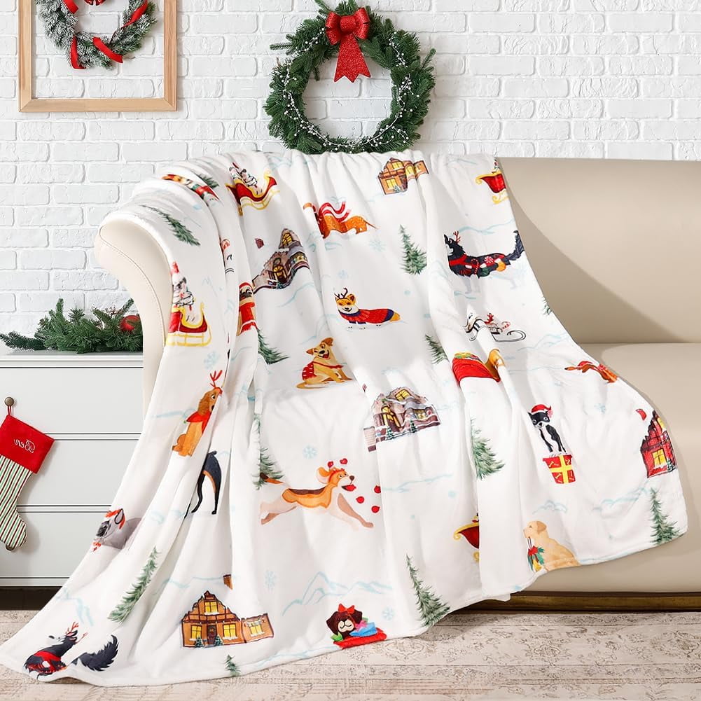 Christmas Throw Blanket Cute Puppy Fleece Throw Blanket Xmas Trees Dog Prints Blanket Winter Holiday Soft Cozy Decorative Blanket Christmas Theme Throw Blanket for Couch Bedding 50 x 60in