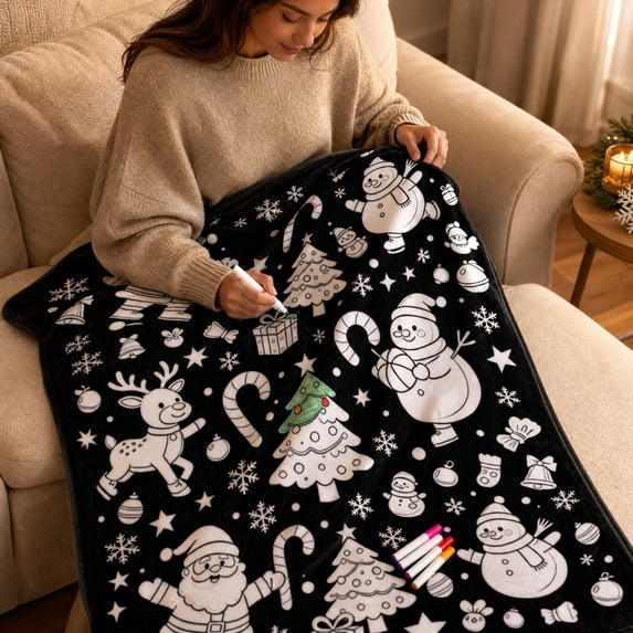 Christmas Throw Blanket, Flannel DIY Coloring Blanket with 3 Assorted Xmas Patterns, Christmas Decorations for Kids and Adults