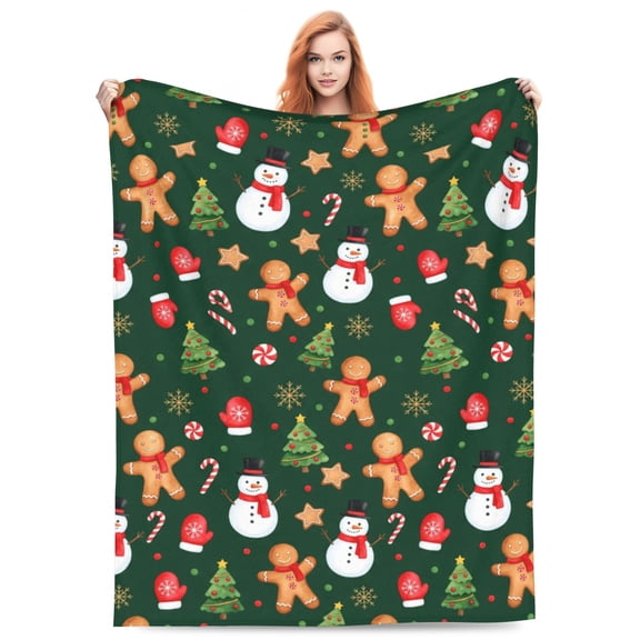 Christmas Throw Blanket, Flannel Green Gingerbread Man Snowman Print, All Season Throw, Plush Warm Cozy Soft Blanket 50x40