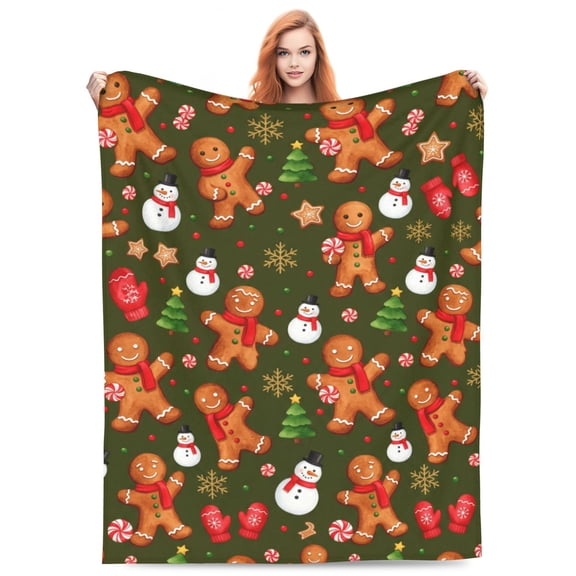 Christmas Throw Blanket, Flannel Green Gingerbread Man Snowman Print, All Season Throw, Plush Warm Cozy Soft Blanket 50x40