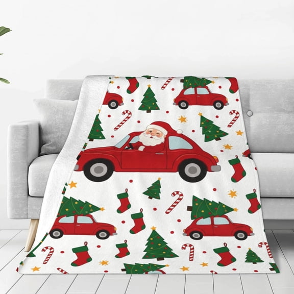 Christmas Throw Blanket, Flannel White Santa Claus Snowman Print, All Season Throw, Plush Warm Cozy Soft Blanket 50x40