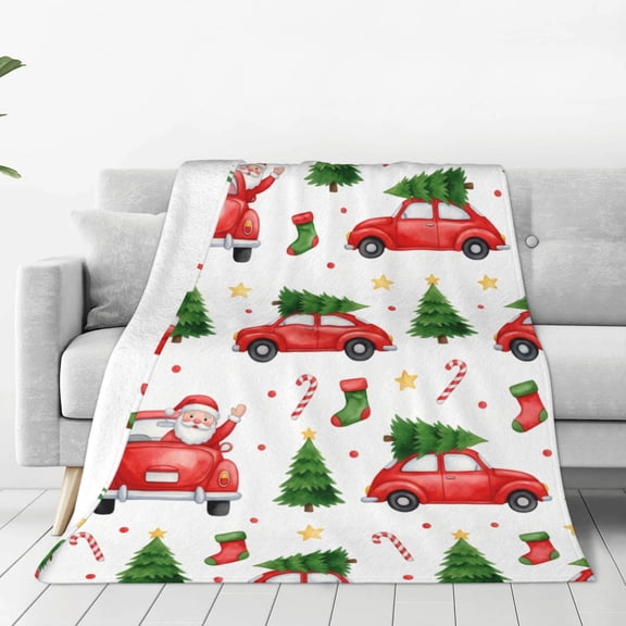 Christmas Throw Blanket, Flannel White Santa Claus Snowman Print, All Season Throw, Plush Warm Cozy Soft Blanket 50x40