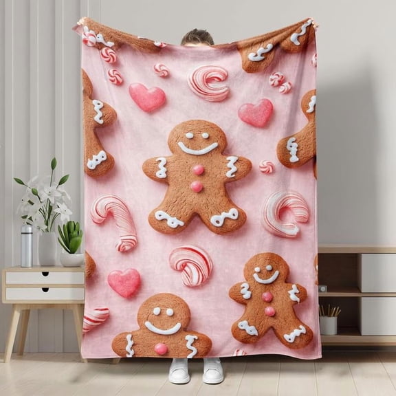 Christmas Throw Blanket Gingerbread Man Box Cartoon sanwfall Pink Soft Flannel Indoor Decorations Comfort Blankets for Healing Living Room Bedroom Fluffy Pink Christmas Decor Christmas Bedding