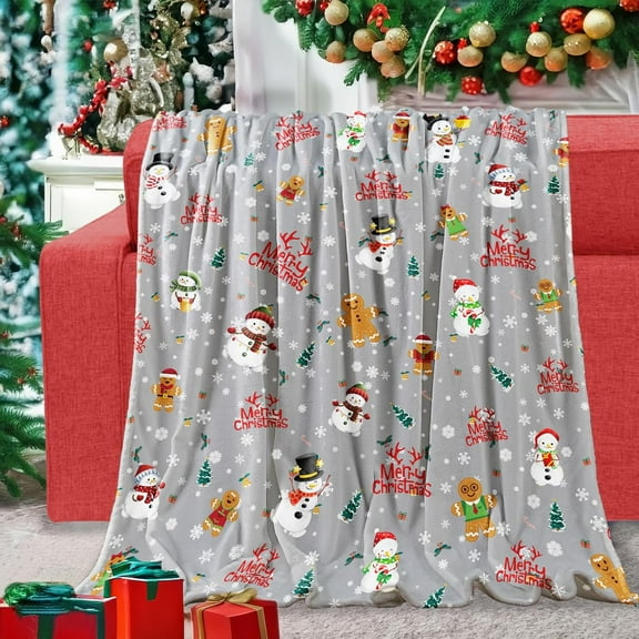 Christmas Throw Blanket Grey Merry Christmas Snowman Gingerbread Man Gifts Blankets Ultra Soft Cozy Fleece Flannel Xmas Tree Snowflake Throws for New Year Winter Party Sofa Couch Bed Decor, 50x60 Inch