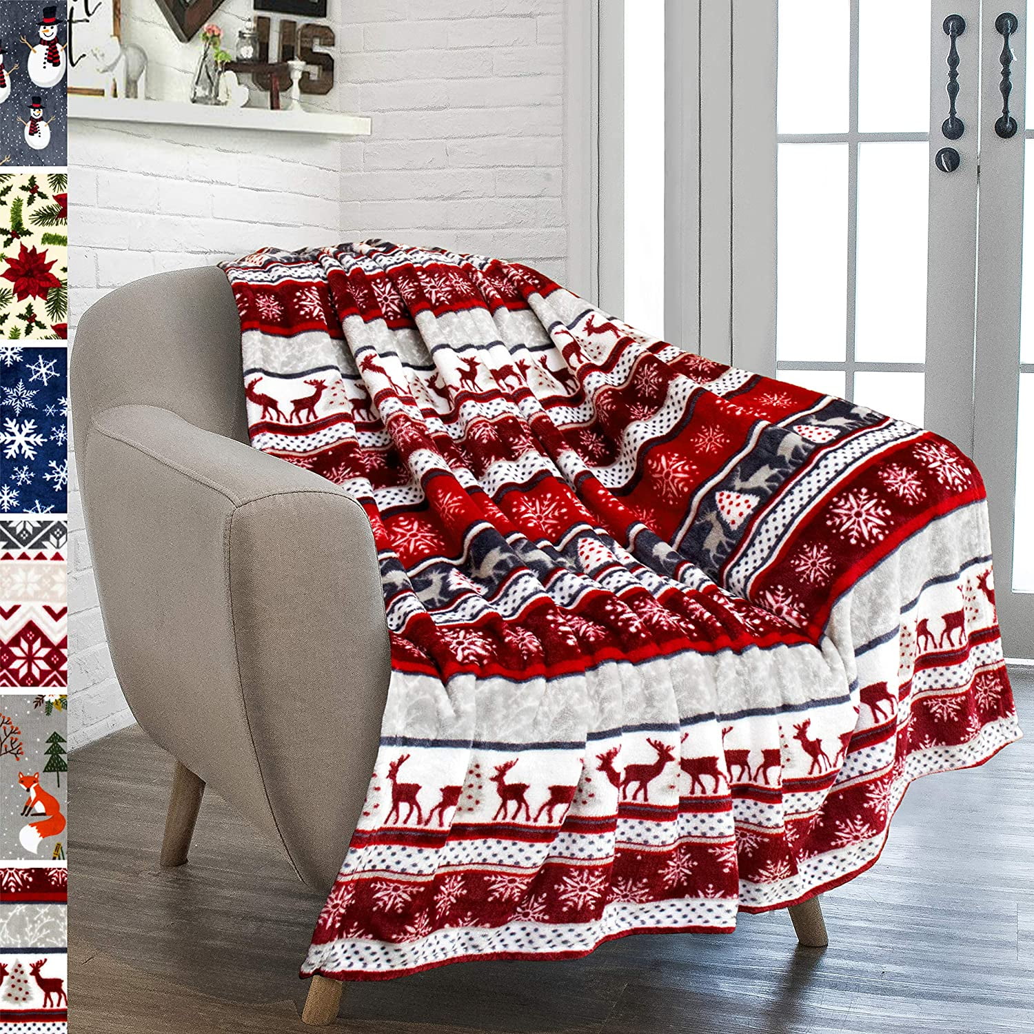 Holiday Reindeer Red and White Fleece Throw Blanket