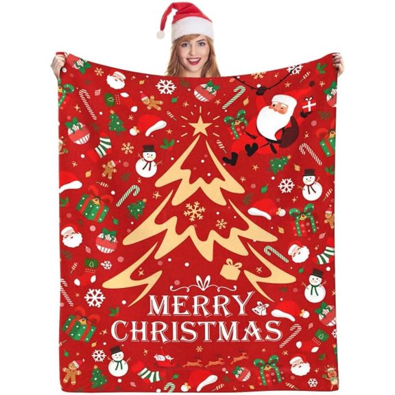 Christmas Throw Blanket, Holiday Home Decor Luxuriously Fuzzy Soft Warm and Cozy Throws for Winter Bedding Couch and Gift, 60x50 inches, Santa Claus & Christmas Tree, Red