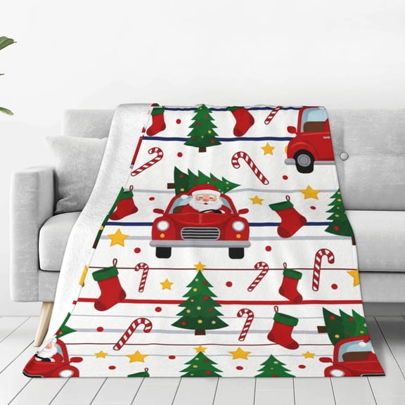 Christmas Throw Blanket, Joyful Santa Claus Snowman Graphic, Warm Winter Present, Decorative Flannel Throw 50x40
