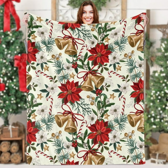 Christmas Throw Blanket, Luxury Soft Xmas Bell Flannel Blanket with Poinsettia Flower Candy Cane Star Pattern, Cozy Fluffy Red Green Gold Christmas Plush Fleece Blanket for Couch Winter