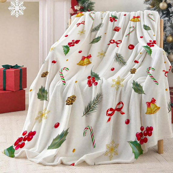 Christmas Throw Blanket Merry Christmas Leaves Blanket for Bed Couch Chair Xmas for Home Living Room Decor Soft Washable Throw (White, 71x71inch)