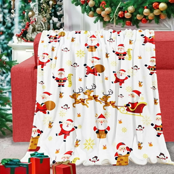 Christmas Throw Blanket Merry Christmas Santa Claus Elk Reindeer Gifts Blankets Ultra Soft Cozy Fleece Flannel Xmas Snowman Snowflake Throws for New Year Winter Party Sofa Couch Bed Decor, 50x60 Inch