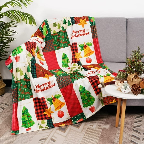 Christmas Throw Blanket Plaid, Xmas Tree Flannel Blanket, Soft Holiday Winter Blanket for Kids Adults, Vintage Warm Cozy Blanket for Couch Bed Sofa, Christmas Home Decor Gift, 50 x 60 Inches