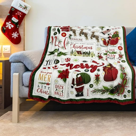 Christmas Throw Blanket Santa Claus Reindeer Winter Fleece Flannel Blanket Merry Soft Cozy Plush Blankets for Couch Bed Sofa Joy Holiday Decor 60"X50"