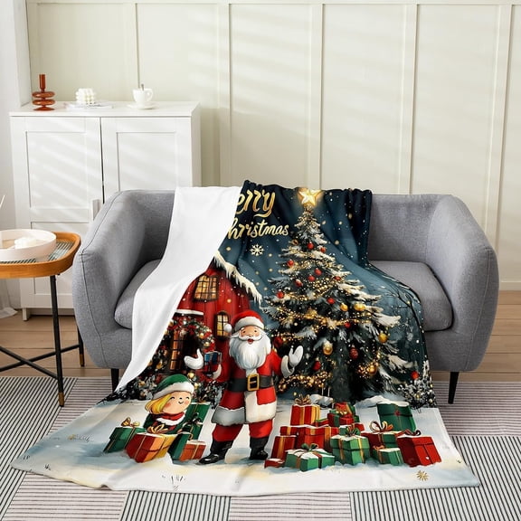 Christmas Throw Blanket Santa Claus and Christmas Tree Soft Flannel Fleece Blanket for Couch Bed Living Room