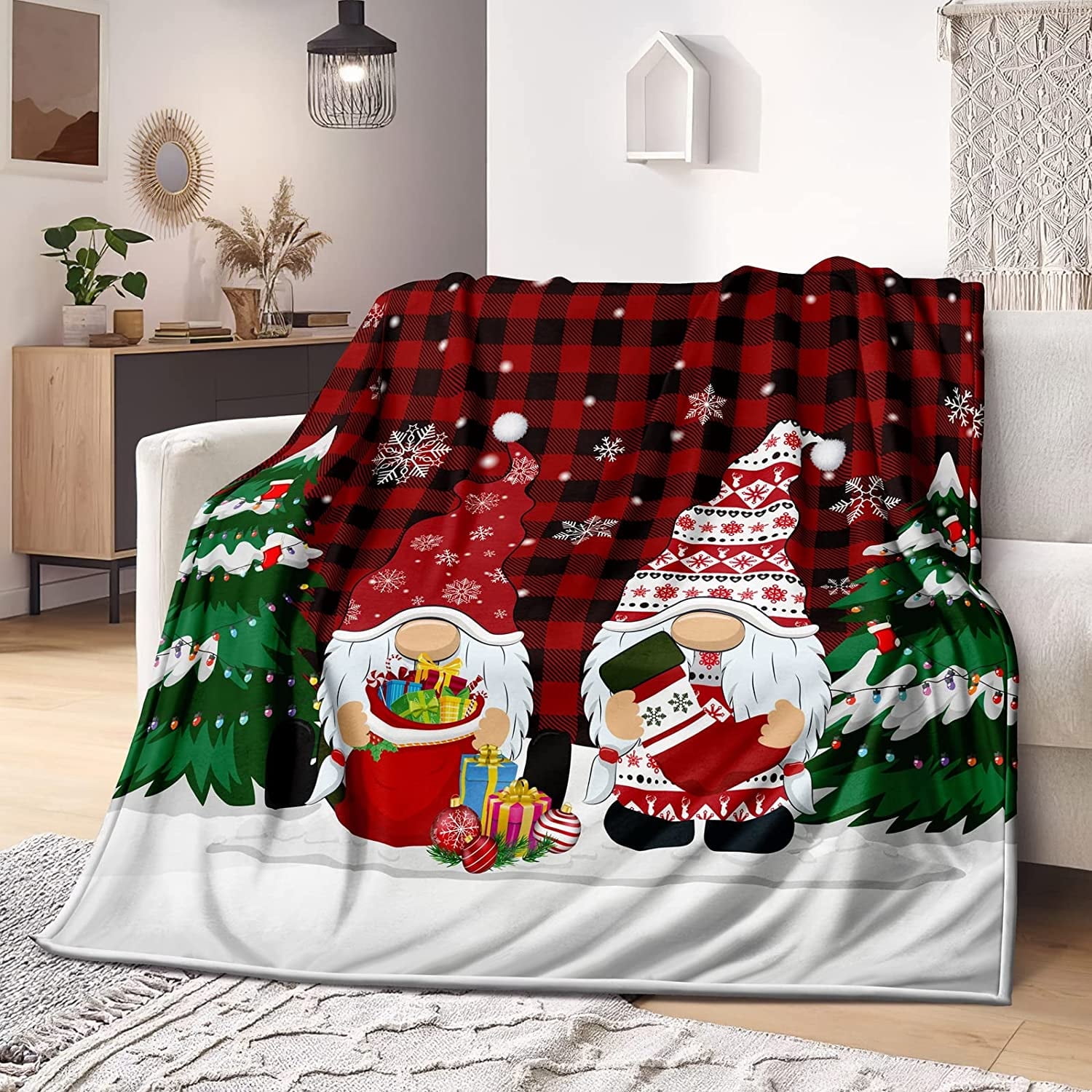 Christmas Throw Blanket,Scandinavian Christmas Santa Gnomes