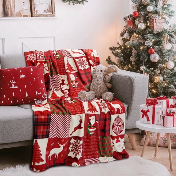 Christmas Throw Blanket Soft Reindeer Santa Blankets Flannel Fleece Red Snowflake Blanket Warm Winter Holiday Blanket for Couch,Bed,50x60 inches