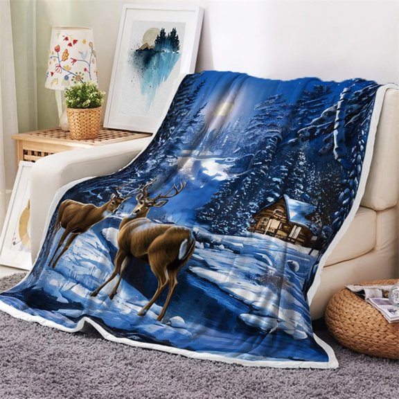 Christmas Throw Blanket, Winter Deer Snow Forest Holiday Theme Blanket for Couch and Bed, Warm Cozy Winter Cabin Throw, Super Soft, 60X70IN