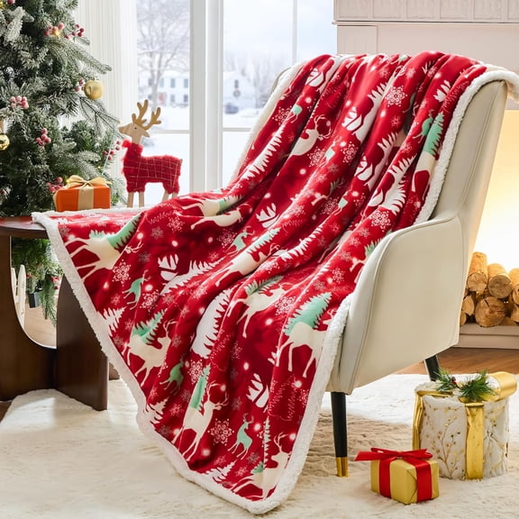 Christmas Throw Blanket, Winter Holiday Sherpa Fleece Blanket, Premium Warm Cozy Christmas Blankets and Throws, Christmas Decorations for Bedroom, Gifts for Women, 50" X 60", DoubleDeer