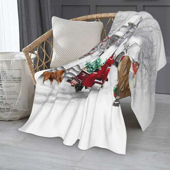 Christmas Throw Blanket Winter Holiday Snow Red Truck and Dog Fannel Blanket Soft Plush Warm Throw Blanket for Bed Couch Living Room Sofa Chair(White, 50" x 60")