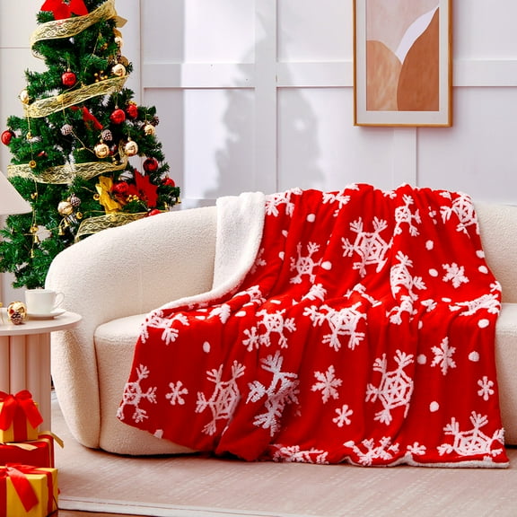 Christmas Throw Blankets, Red Snowflakes Sherpa Blanket for Holiday, Warm Winter Cabin Throw, Premium Microfiber & Soft Touch, Plush & Fluffy, Warm & Cozy for Couch, Sofa, Bed, 50"x60"