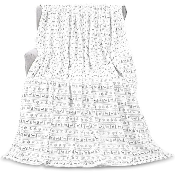 Christmas Throw Blankets, Soft White Winter Fleece Blanket Throw, Xmas Snowflake Deer Comfort Flannel Blanket for Couch Sofa Silver Warm Fuzzy Flannel Blanket, 50'''' x 60'''' Christmas Decorations