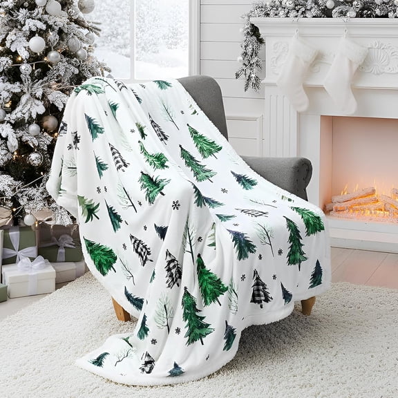 Christmas Throw Christmas Tree Fleece Blanket 50 x 60 Inch Winter Xmas Plaid Tree Reversible Microfiber Blanket Holiday Decorative Soft Blankets for Gift Couch Bed(Green)