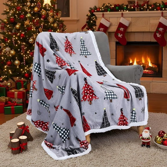 Christmas Throw Christmas Tree Fleece Blanket 50 x 60 Inch Winter Xmas Plaid Tree Reversible Microfiber Blanket Holiday Decorative Soft Blankets for Gift Couch Bed (Gray)