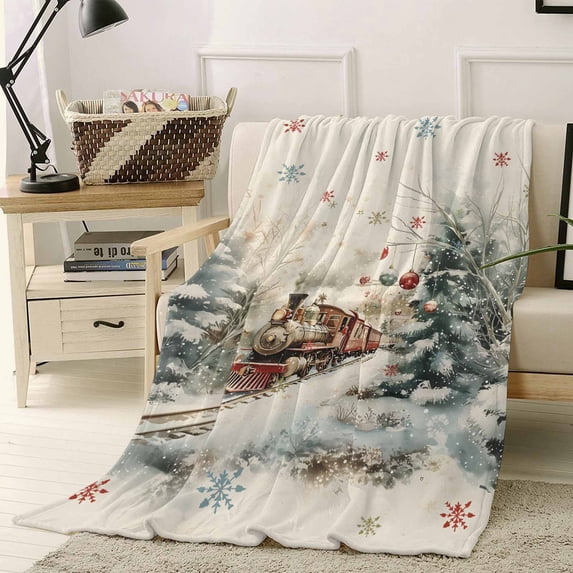 Christmas Throw Flannel Blanket 30x40In Train Holly Woods Scene Lights Snowflakes Colorful Super Soft Cozy Bed Blanket, Lightweight Plush Fuzzy Bed Throw for Bedroom Sofa Couch Living Room