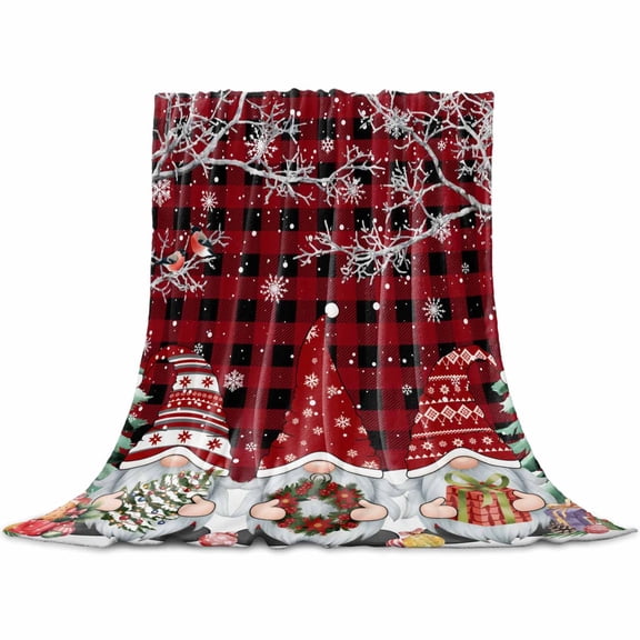 Christmas Throw Flannel Blanket 32x48In Dwarfs Snowflake Xmas Tree Bird Winter Red Plaid Super Soft Cozy Bed Blanket, Lightweight Plush Fuzzy Bed Throw for Bedroom Sofa Couch Living Room