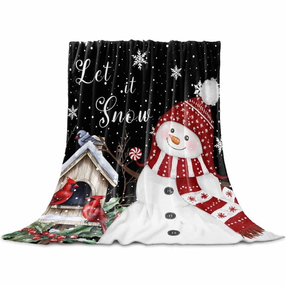 Christmas Throw Flannel Blanket 32x48In Red Hat Snowman Xmas Cardinal Bird House Black Super Soft Cozy Bed Blanket, Lightweight Plush Fuzzy Bed Throw for Bedroom Sofa Couch Living Room