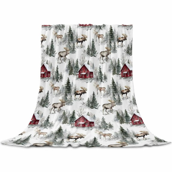 Christmas Throw Flannel Blanket 32x48In Winter Farmhouse Xmas Pine Tree Deer Countryside Super Soft Cozy Bed Blanket, Lightweight Plush Fuzzy Bed Throw for Bedroom Sofa Couch Living Room