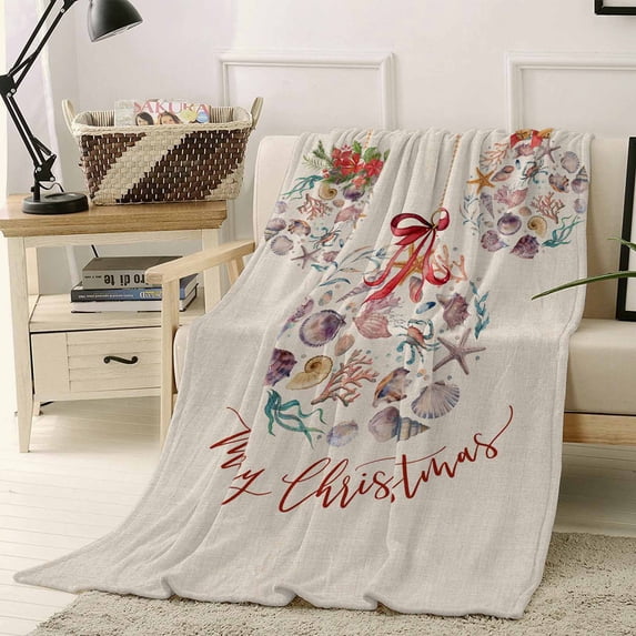 Christmas Throw Flannel Blanket 40x50In Christmas Balls Shells Starfish Conch Linen Super Soft Cozy Bed Blanket, Lightweight Plush Fuzzy Bed Throw for Bedroom Sofa Couch Living Room